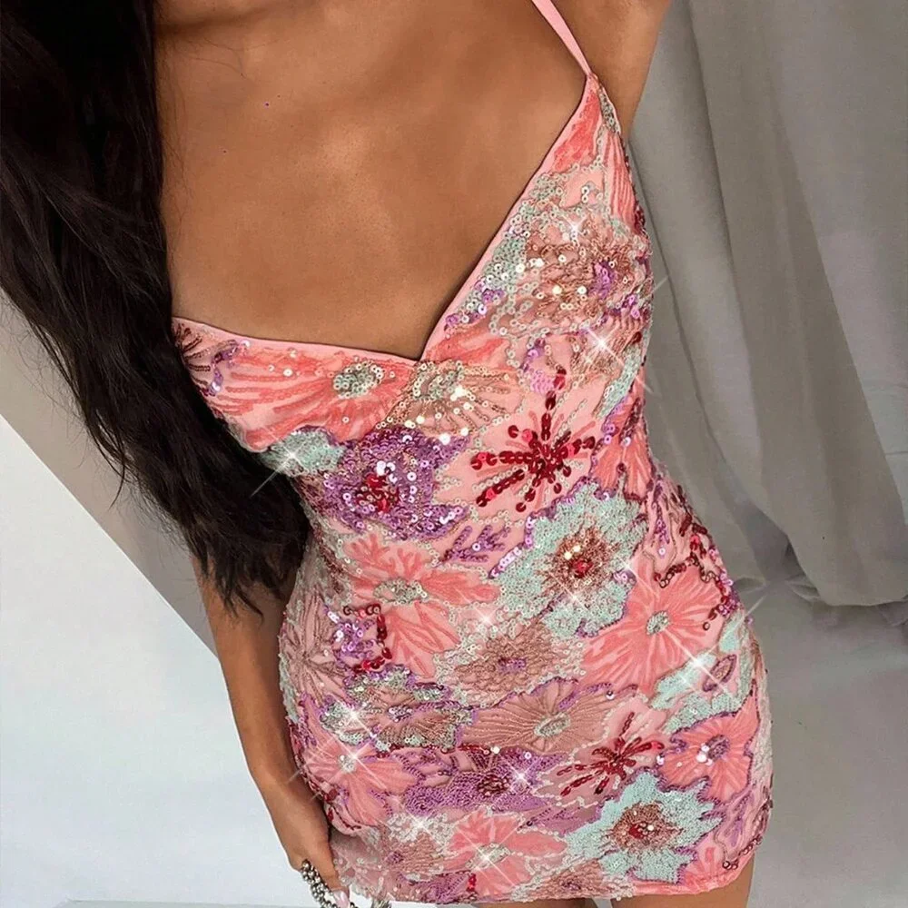Pink Party Women's Sexy Backless Lace-Up Mini Halter floral print Sequin Dress - Picture 3 of 7